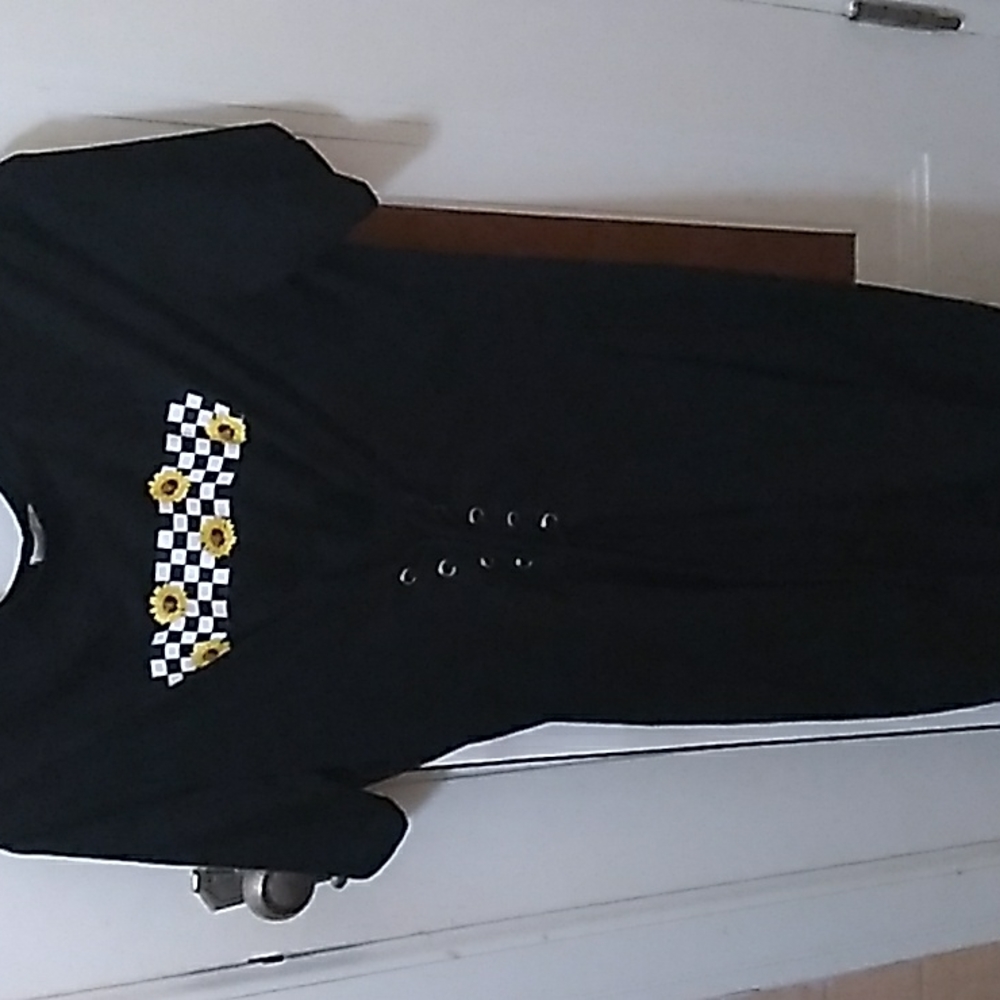 Long Black checkered sunflower dress with a waist tie